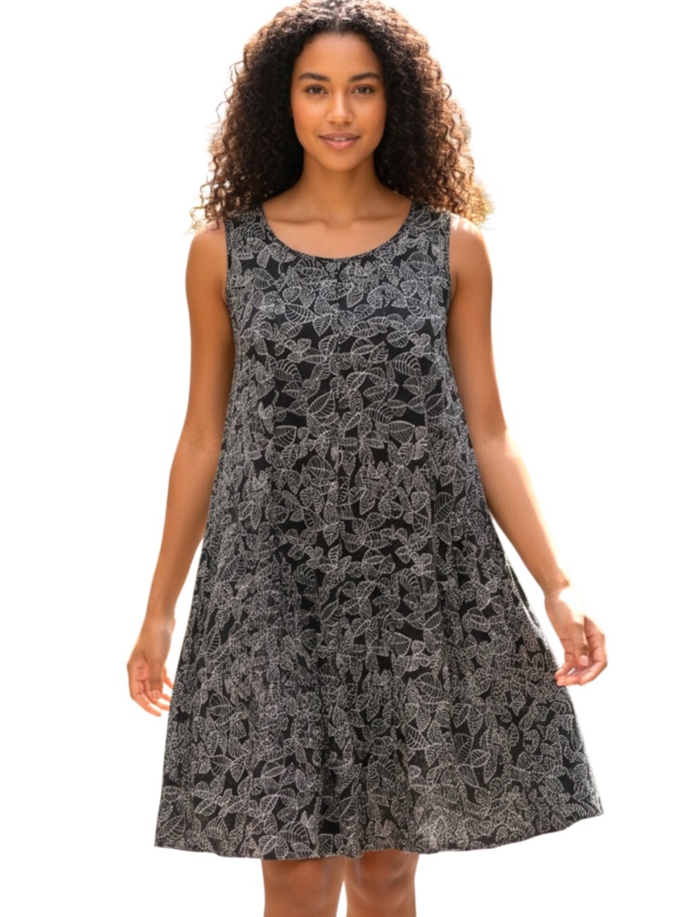 Max Studio Black/White Leaf Pattern Sleeveless Pullover A-Line Swing Dress (M)